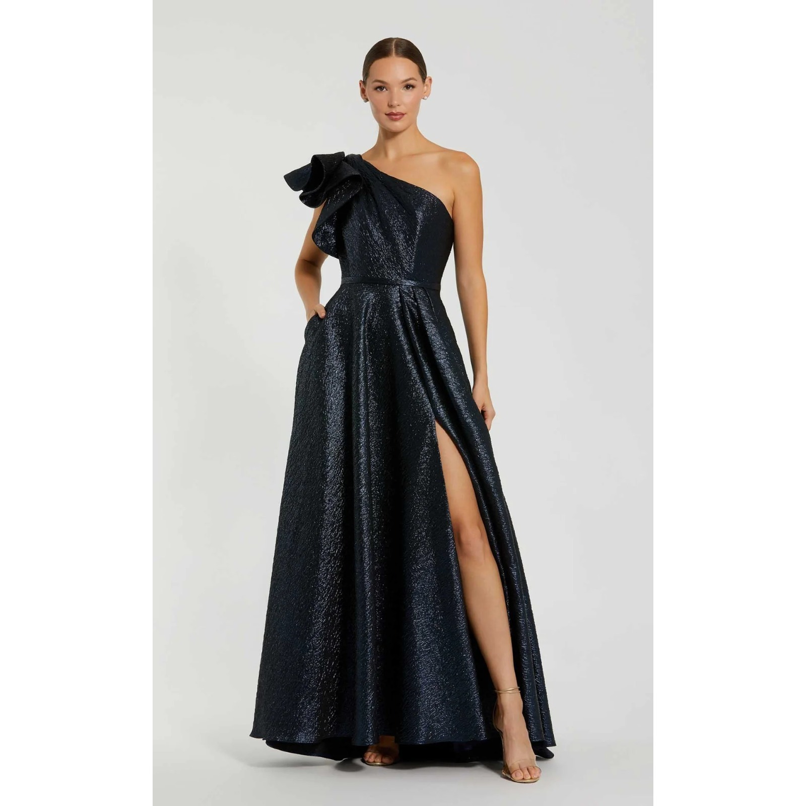 Nwt Mac Duggal [ 2 ] 67297 One Shoulder Metallic Ball Gown Midnight Blue J2271